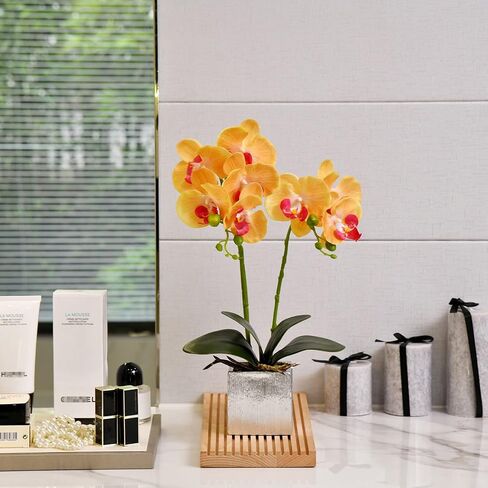 Artificial Potted Orchid Faux Phalaenopsis Silk Flowers Bonsai Realistic Arrangement in Silver Vase for Home Decoration Table Centerpiece, Orange in Saudi Arabia