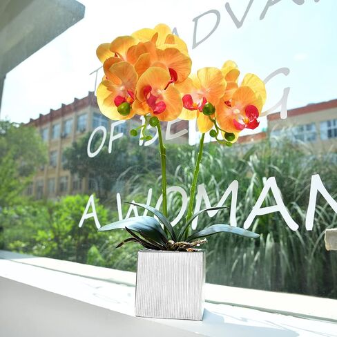 Artificial Potted Orchid Faux Phalaenopsis Silk Flowers Bonsai Realistic Arrangement in Silver Vase for Home Decoration Table Centerpiece, Orange in Saudi Arabia