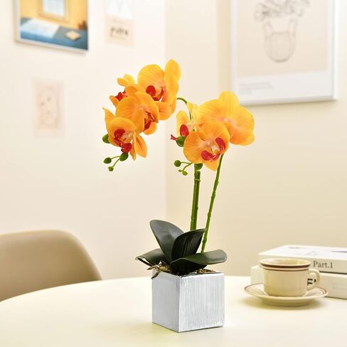 Artificial Potted Orchid Faux Phalaenopsis Silk Flowers Bonsai Realistic Arrangement in Silver Vase for Home Decoration Table Centerpiece, Orange in Saudi Arabia