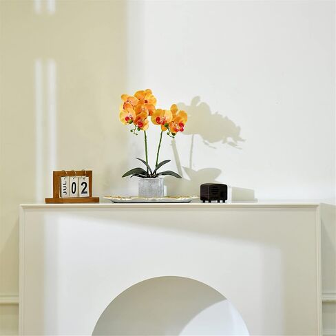 Artificial Potted Orchid Faux Phalaenopsis Silk Flowers Bonsai Realistic Arrangement in Silver Vase for Home Decoration Table Centerpiece, Orange in Saudi Arabia