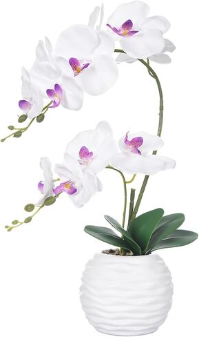 Artificial Potted Orchid Faux Phalaenopsis Silk Flowers Bonsai Realistic Arrangement in Silver Vase for Home Decoration Table Centerpiece, Orange in Saudi Arabia