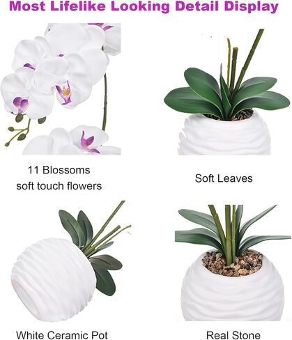 Artificial Potted Orchid Faux Phalaenopsis Silk Flowers Bonsai Realistic Arrangement in Silver Vase for Home Decoration Table Centerpiece, Orange in Saudi Arabia