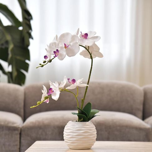 Artificial Potted Orchid Faux Phalaenopsis Silk Flowers Bonsai Realistic Arrangement in Silver Vase for Home Decoration Table Centerpiece, Orange in Saudi Arabia