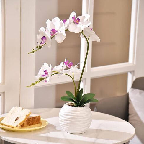 Artificial Potted Orchid Faux Phalaenopsis Silk Flowers Bonsai Realistic Arrangement in Silver Vase for Home Decoration Table Centerpiece, Orange in Saudi Arabia