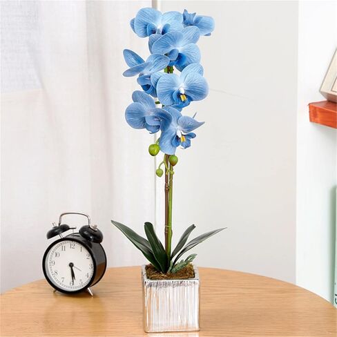 Artificial Potted Orchid Faux Phalaenopsis Silk Flowers Bonsai Realistic Arrangement in Silver Vase for Home Decoration Table Centerpiece, Orange in Saudi Arabia