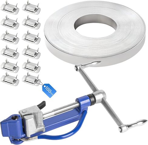 Steel Banding Strapping Tool Kit with Auger-Type Tensioner & Cutter, 3/5" x 100Ft Steel Strapping Band Coil, 100 Steel Buckles, Ideal for High Tensile Banding and Packing in Kuwait