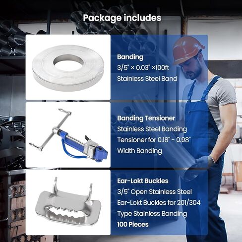 Steel Banding Strapping Tool Kit with Auger-Type Tensioner & Cutter, 3/5" x 100Ft Steel Strapping Band Coil, 100 Steel Buckles, Ideal for High Tensile Banding and Packing in Kuwait