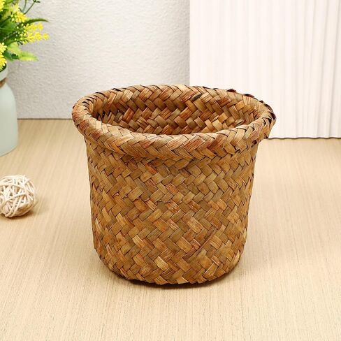 Ciieeo Seagrass Waste Basket, Small Woven Trash Can, Rubbish Paper Bins, Round Straw Plant Flower Pot, Sundries Container Basket for Bathrooms Kitchens Home Office 15cm in Kuwait