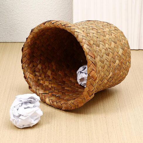 Ciieeo Seagrass Waste Basket, Small Woven Trash Can, Rubbish Paper Bins, Round Straw Plant Flower Pot, Sundries Container Basket for Bathrooms Kitchens Home Office 15cm in Kuwait