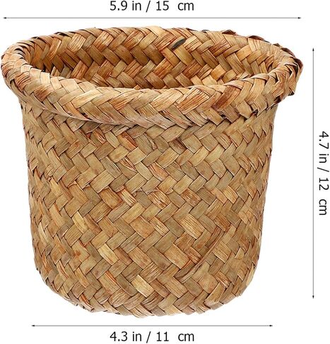 Ciieeo Seagrass Waste Basket, Small Woven Trash Can, Rubbish Paper Bins, Round Straw Plant Flower Pot, Sundries Container Basket for Bathrooms Kitchens Home Office 15cm in Kuwait