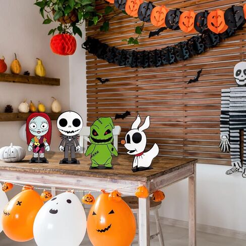 زينة طاولة الهالوين نايتمور قبل الهالوين، لافتة خشبية للهالوين جاك سكيلينغتون وسالي قطع مركزية للطاولة للمنزل وحفلة عيد الهالوين in Kuwait
