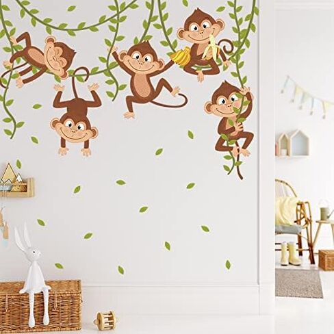 iMagitek قرد تسلق شجرة صور مطبوعة للحوائط معلقة أوراق شجرة خضراء ملصقات جدار للأطفال غرفة نوم غرفة اللعب الحضانة جدار ديكور in Kuwait