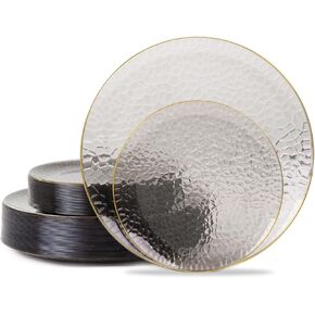 Hioasis 60Pcs Clear Gold Plastic Plates - Hammered Plastic Plates,Gold Plastic Plates for Party,Heavyduty Gold Disposable Plates Include 30 Dinner Plates, 30 Dessert Plates Perfect for Party & Wedding
