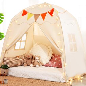 Monobeach Kids Tent Beige Play Tent with Long Mesh Curtain Large Playhouse for Indoor Outdoor Play Cottage Castle Toy for Girls Boys House Gift (Beige Kids Play Tent)