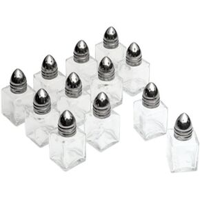 Mini Salt & Peppper Shakers Shaker, Cube Shape, Polished Chrome Top, Glass Body - 1 Dozen