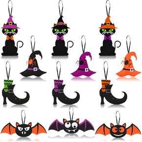 12 Pieces Halloween Felt Hanging Ornaments Witch Hat Hanging Decor Colorful Bat Black Cat Felt Ornaments Happy Halloween Felt Door Hanging Decor for Halloween Party Decoration