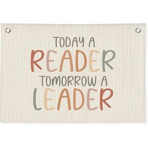 Reading Corner Decor for Classroom, Today A Reader Tomorrow A Leader Canvas Banner, Boho Wall Hanging Banner Flag Decor for Reading Corner Nook Playroom