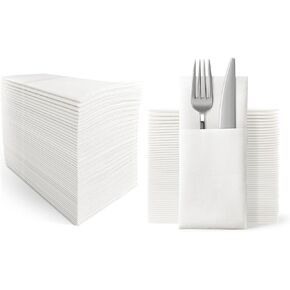 Disposable Dinner Napkins Cloth Like with Built-in Flatware Pocket,Wedding Party Linen Feel White Napkin, Prefolded for Silverware,Pack of 50