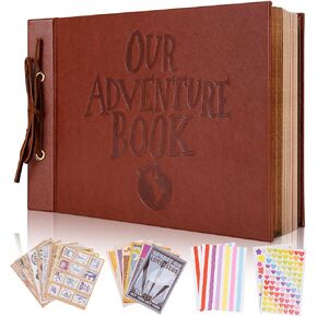 Our Adventure Book Scrapbook Photo Album, 11.9*7.6 inch 80 Pages , 3D Embossed Words Leather Hard Cover Travel Scrapbook for Anniversary, Wedding, Travelling, Hand Made DIY Collecting Photoes for Family For Best Friend