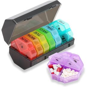 Weekly Pill Organizer and Planner，Pill Case Box Design and Large Compartment, Vitamins, Cod Liver Oil，Supplements and Medication (White Rainbow)