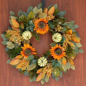 Fall Wreaths for Front Door, 22 Inch Sunflower Pumpkin Autumn Wreath, Artificial Fall Decor for Halloween Thanksgiving Indoor Outdoor Outside