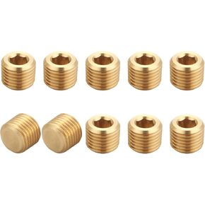 Brass Hex Counter Sunk Plug 1/8 Inch NPT Male Pipe Fitting Set Internal Hex Socket Thread Pipe Plug for Closing the End of Pipe (Pack of 10)