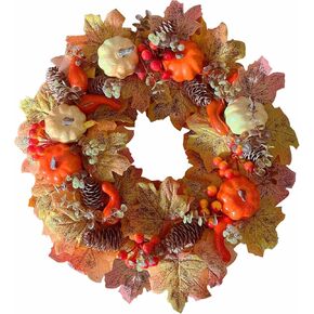 18 Inch Fall Wreath for Front Door, Artificial Wreaths with Pumpkin Pine Cones Berry Maple Leaves for Thanksgiving Harvest Festival Decorations Indoor and Outdoor