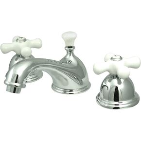 Kingston Brass KS3961PX Restoration Widespread Lavatory Faucet with Porcelain Cross Handle, Polished Chrome,8-Inch Adjustable Center