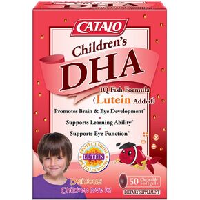 CATALO Children’s DHA IQ Fish Formula (Lutein Added) - 50 Strawberry Flavor Chewable Softgels, Supports Brain and Eye Development with Omega 3, DHA, EPA, and Lutein from Marigold Extract, Made in USA