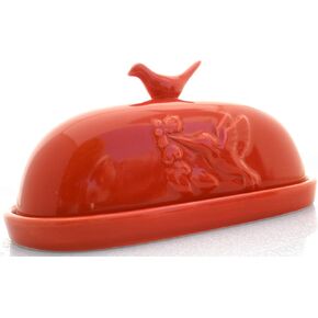 Hummingbird Butter Dish with Lid Cover, Large, Kitchen Countertop or Refrigerator Storage for Single or Double Sticks, Vintage Farmhouse Ceramic Dishware, Red