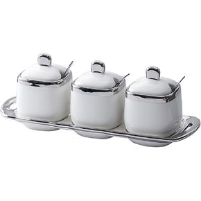 Ceramic Sugar Bowls 3pcs Porcelain Seasoning Pots with Spoons,Lid and Tray Kitchen Spice Canister Jar Set Countertop Condiment Container for Sugar,Pepper,Coffee,Spice,Salt (White)