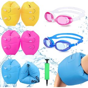 Arm Floaties for Kids 6-12yrs, PVC Arm Floaties Inflatable Swim Arm Bands Floater Sleeves Swimming Rings and Swimming Goggles Kids Floaties for Pool 6 Pack