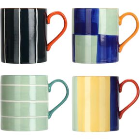Koja Hand Painted 15 oz. Porcelain Ceramic Mugs Set. Service for 4.
