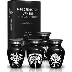 Urns for Human Ashes - Set of Four Decorative Mini Urns for Human Remains - Small Cremation Urn for Ashes - Tree of Life Design and Velvet Bag (Black)