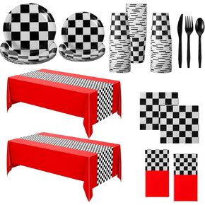 Oudain 162 Pcs Car Birthday Party Supplies Racing Party Decorations 2 Black and Red Checkered Racing Flag Rectangular Tablecloth for Racing Car Christmas Party Dinner Plates Set