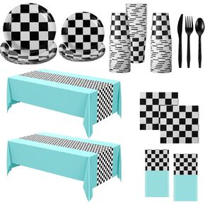 Oudain 162 Pcs Car Birthday Party Supplies Racing Party Decorations 2 Black and Red Checkered Racing Flag Rectangular Tablecloth for Racing Car Christmas Party Dinner Plates Set