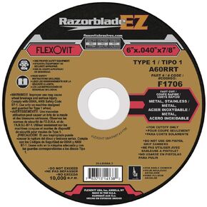 Flexovit® 6" X .040" X 7/8" RAZORBLADE® 60 Grit Aluminum Oxide Grain Reinforced Type 1 Thin Cut-Off Wheel (F1706 Pack of 25)