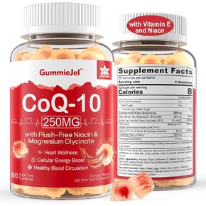 Sugar Free CoQ10 Filled Gummies 250MG, Coenzyme Q10 w/ Magnesium Glycinate, Niacin No-Flush Vitamin B3, E & Folic Acid, High Absorption CoQ10 (Ubiquinone) for Heart, Cellular Energy & Antioxidant
