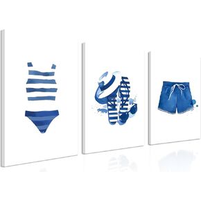 Vintage Canvas Wall Art Set of 3, Navy Blue and White Swimsuit Beach Wall Decor Painting, Coastal Pictures Aesthetic Posters Prints for Bathroom, Bedroom Home Decor 12x16 In Framed