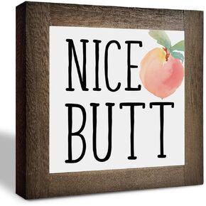 Peach Restroom Wood Plaque Sign, Nice Butt Sign, Box Wood Plaques Desk Décor 5.9×5.9×0.7inch, Wooden Quote Sign, Rustic Wood Shelf Décor, Bathroom Table Art Sign, Funny Bathroom Shelf Sign