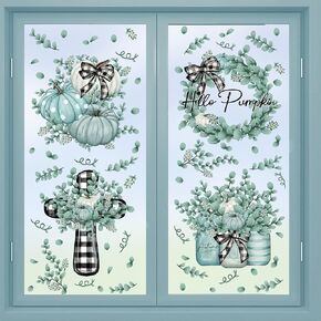 AnyDesign Fall Window Clings Blue Gray Autumn Pumpkin Window Decals Double-Sided Eucalyptus Leaves Reusable PVC Stickers for Thanksgiving Harvest Home Party Window Glass Mirror Decoration, 115 Pcs