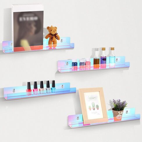 Lnrueg Iridescent Acrylic Shelves, 4 Pcs 15''×2.3''×2'' Rainbow Floating Bookshelves, Clear Display Holders for Nail Polish, Essential Oil, Picture, Sunglasses, Invisible Ledge Wall Shelves in Saudi Arabia