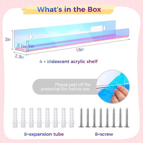 Lnrueg Iridescent Acrylic Shelves, 4 Pcs 15''×2.3''×2'' Rainbow Floating Bookshelves, Clear Display Holders for Nail Polish, Essential Oil, Picture, Sunglasses, Invisible Ledge Wall Shelves in Saudi Arabia