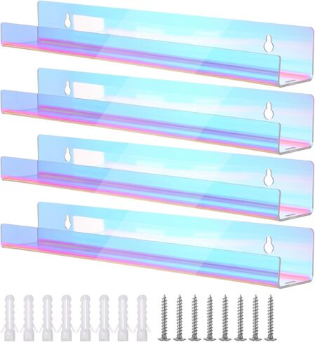Lnrueg Iridescent Acrylic Shelves, 4 Pcs 15''×2.3''×2'' Rainbow Floating Bookshelves, Clear Display Holders for Nail Polish, Essential Oil, Picture, Sunglasses, Invisible Ledge Wall Shelves in Saudi Arabia