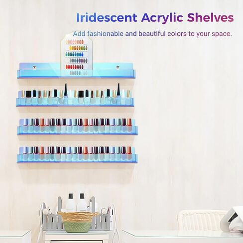 Lnrueg Iridescent Acrylic Shelves, 4 Pcs 15''×2.3''×2'' Rainbow Floating Bookshelves, Clear Display Holders for Nail Polish, Essential Oil, Picture, Sunglasses, Invisible Ledge Wall Shelves in Saudi Arabia