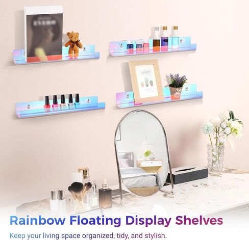 Lnrueg Iridescent Acrylic Shelves, 4 Pcs 15''×2.3''×2'' Rainbow Floating Bookshelves, Clear Display Holders for Nail Polish, Essential Oil, Picture, Sunglasses, Invisible Ledge Wall Shelves in Saudi Arabia
