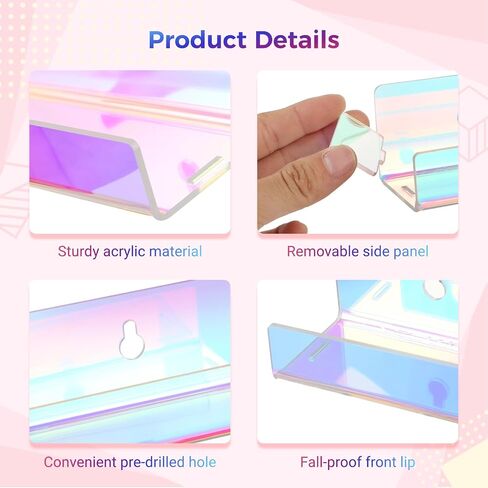 Lnrueg Iridescent Acrylic Shelves, 4 Pcs 15''×2.3''×2'' Rainbow Floating Bookshelves, Clear Display Holders for Nail Polish, Essential Oil, Picture, Sunglasses, Invisible Ledge Wall Shelves in Saudi Arabia