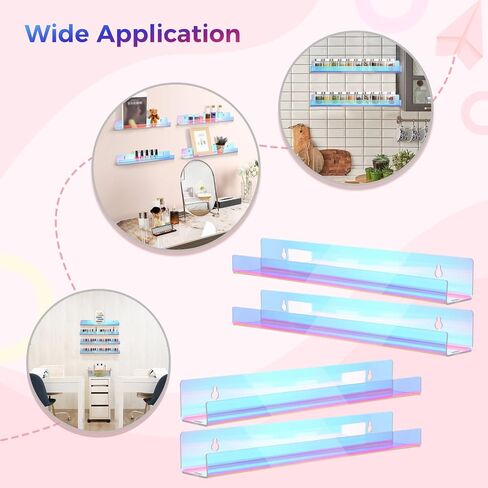 Lnrueg Iridescent Acrylic Shelves, 4 Pcs 15''×2.3''×2'' Rainbow Floating Bookshelves, Clear Display Holders for Nail Polish, Essential Oil, Picture, Sunglasses, Invisible Ledge Wall Shelves in Saudi Arabia