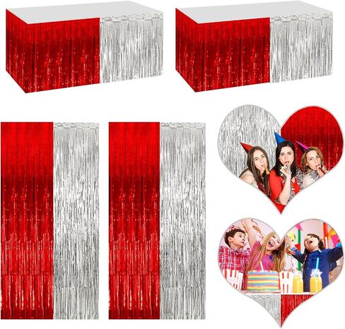 4P Metallic Foil Fringe Tinsel Table Skirts for Rectangle Tables Backdrop Banner Streamer Garland Curtains for Parade Floats Wedding Graduation Anniversary Birthday Parties Decoration(Red Silver) in Saudi Arabia