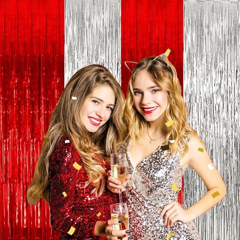 4P Metallic Foil Fringe Tinsel Table Skirts for Rectangle Tables Backdrop Banner Streamer Garland Curtains for Parade Floats Wedding Graduation Anniversary Birthday Parties Decoration(Red Silver) in Saudi Arabia